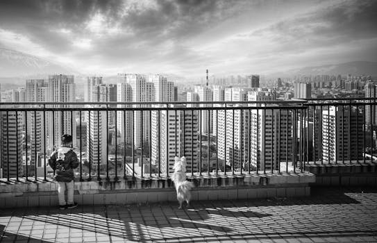 A child and dog gaze at a cityscape from a high-rise balcony.