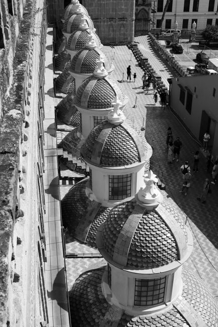Row of intricate cupolas at Palermo Cathedral, captured in black and white.