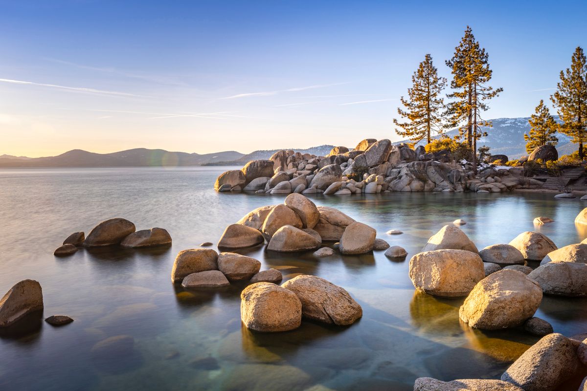 Clear turquoise water over granite boulders at Lake Tahoe