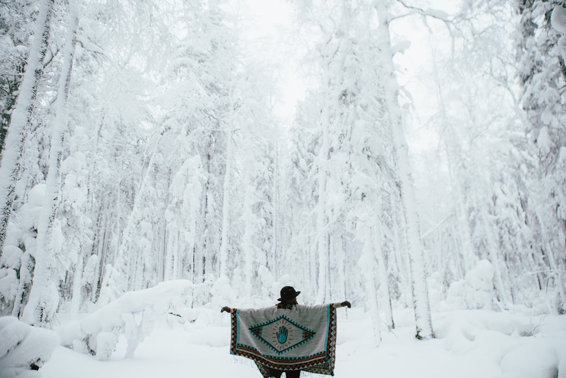 Femme En Poncho Marchant Dans La Forêt D'hiver