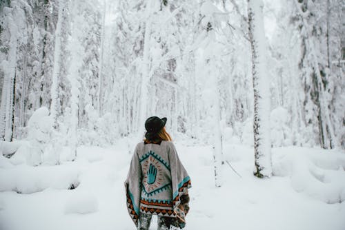 冬の森を歩くポンチョを着た女性