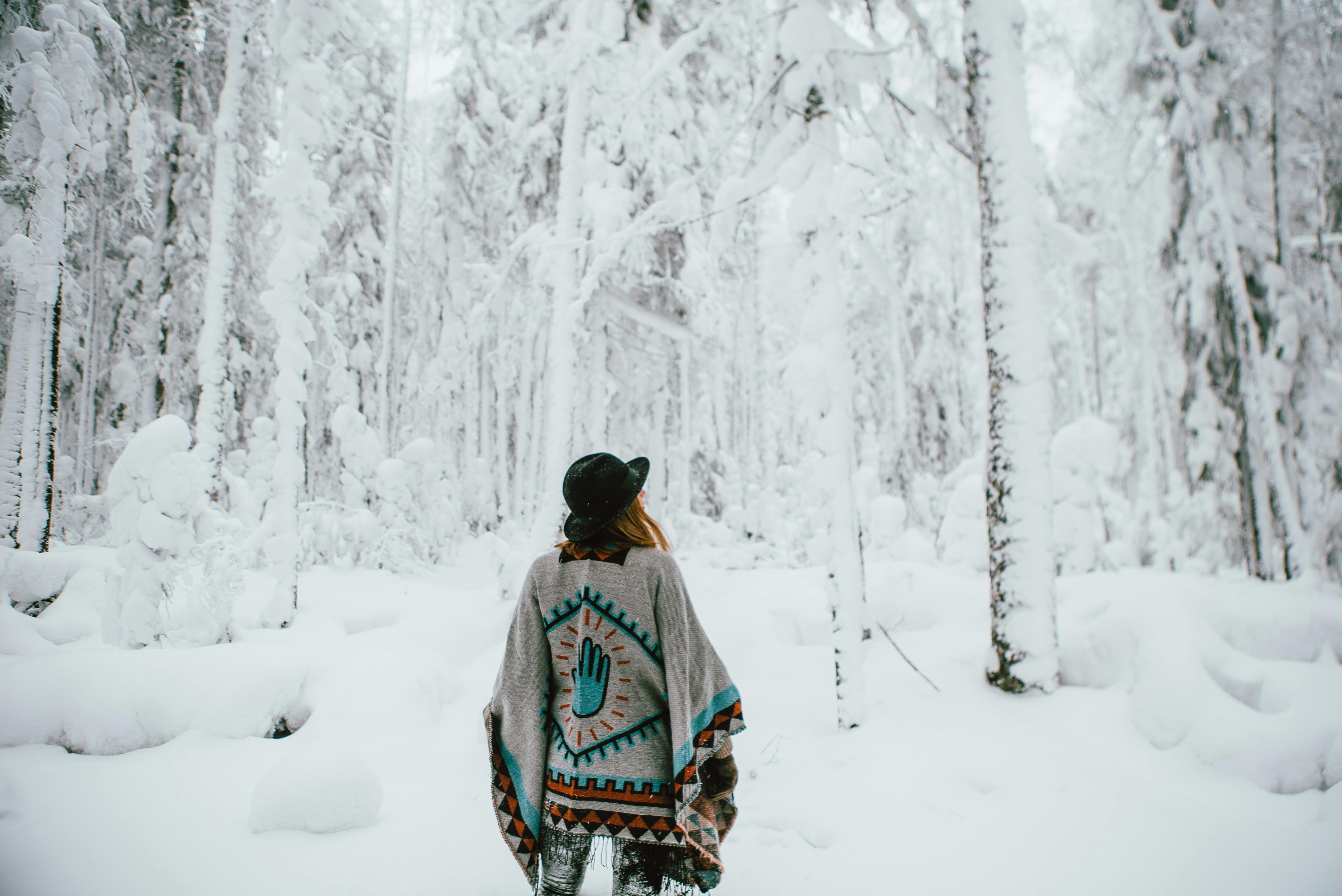 Gratis Donna In Poncho Che Cammina Nella Foresta Invernale Foto a disposizione