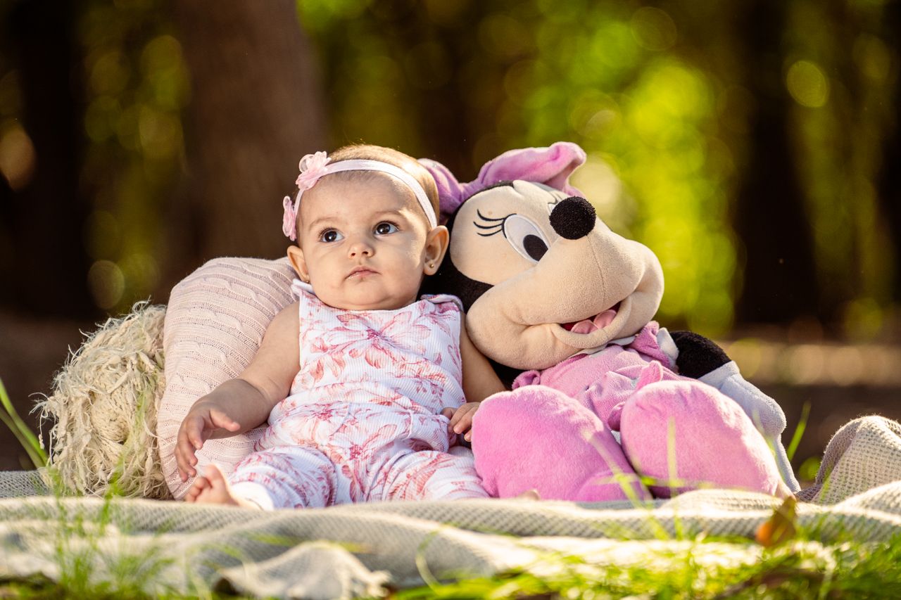 charming portrait of a baby girl with a stuffed minnie mouse toy in a