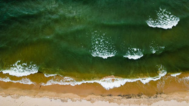 Top-down view capturing white waves rolling onto a sandy coastline.