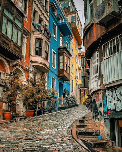 Town Street with Cobblestone and Multicoloured Buildings