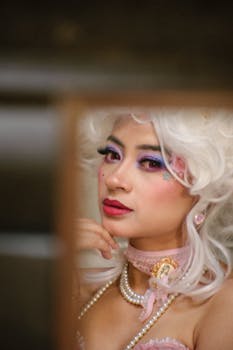A glamorous woman with vibrant makeup and jewelry, reflected in a mirror.