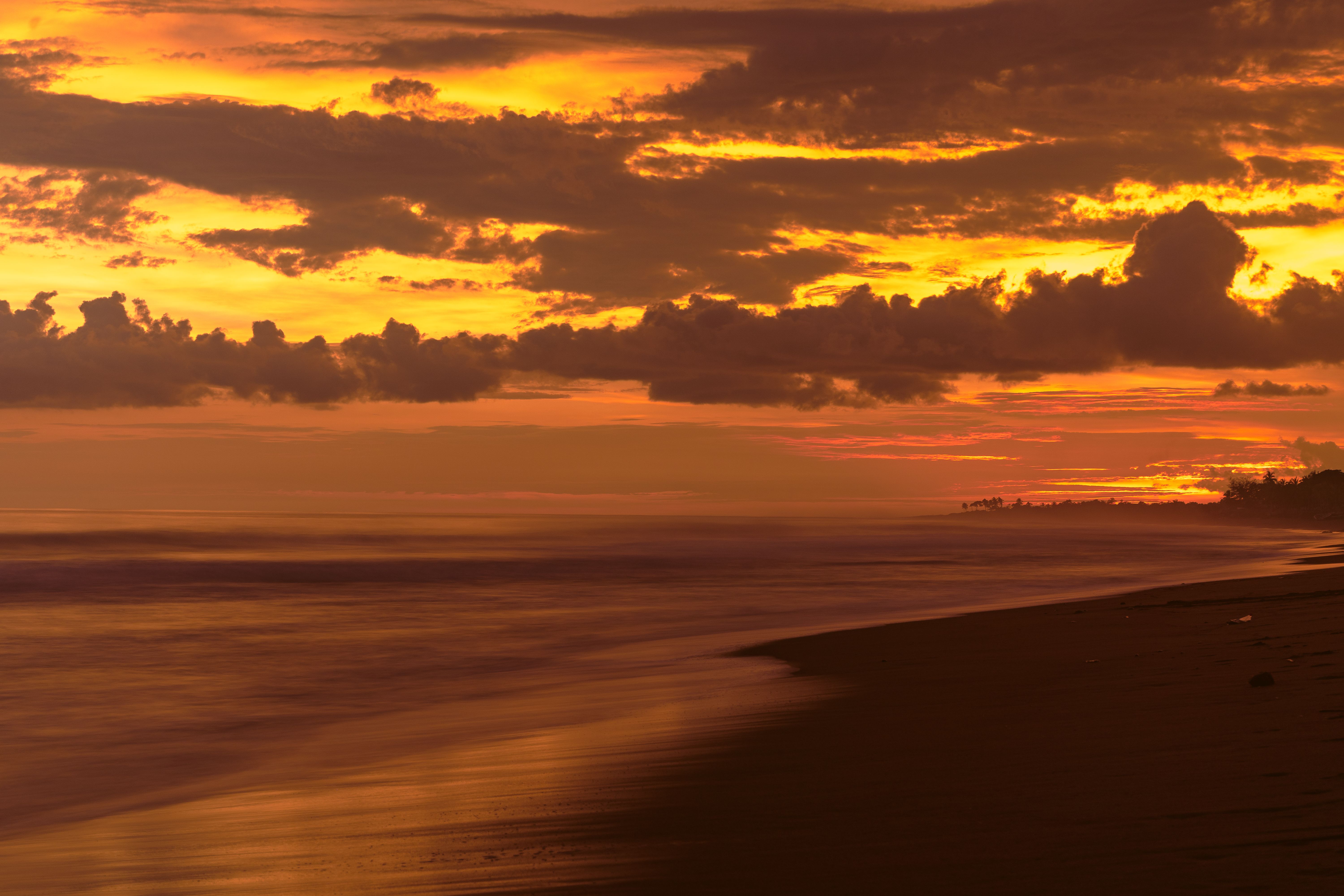 Clouds in Golden Sky over Ocean Shore at Sunset · Free Stock Photo