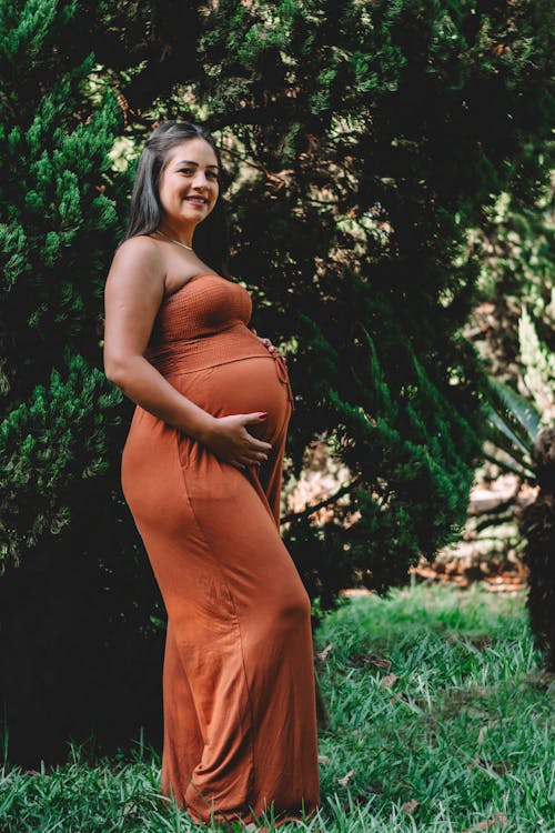 A pregnant woman in a brown dress poses for a photo