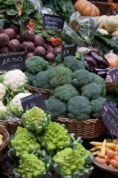 Vibrant display of fresh vegetables at a local farmer's market, showcasing seasonal produce.