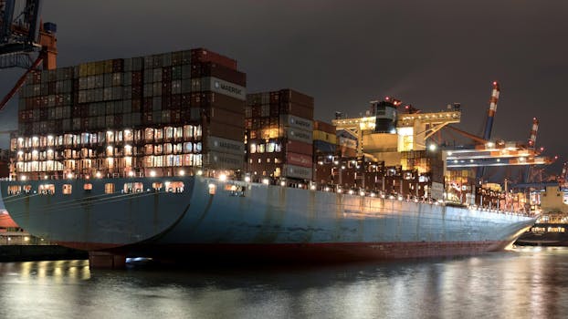 Night view of a cargo ship loaded with containers at Hamburg port, showcasing logistics and trade.