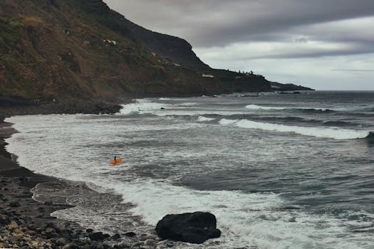 Surfer navigating waves along a rugged coastline under a moody sky, ideal for adventure seekers.