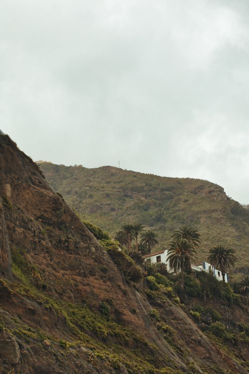 Free Scenic view of a rural house nestled on a mountain with palm trees in Madeira, Portugal. Stock Photo