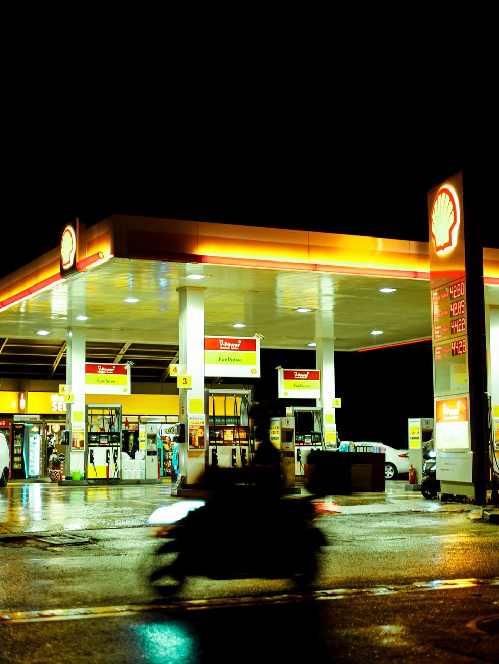 A Shell-branded fuel station at night, illustrating the consumer-facing side of Europe's drive to redirect oil profits.