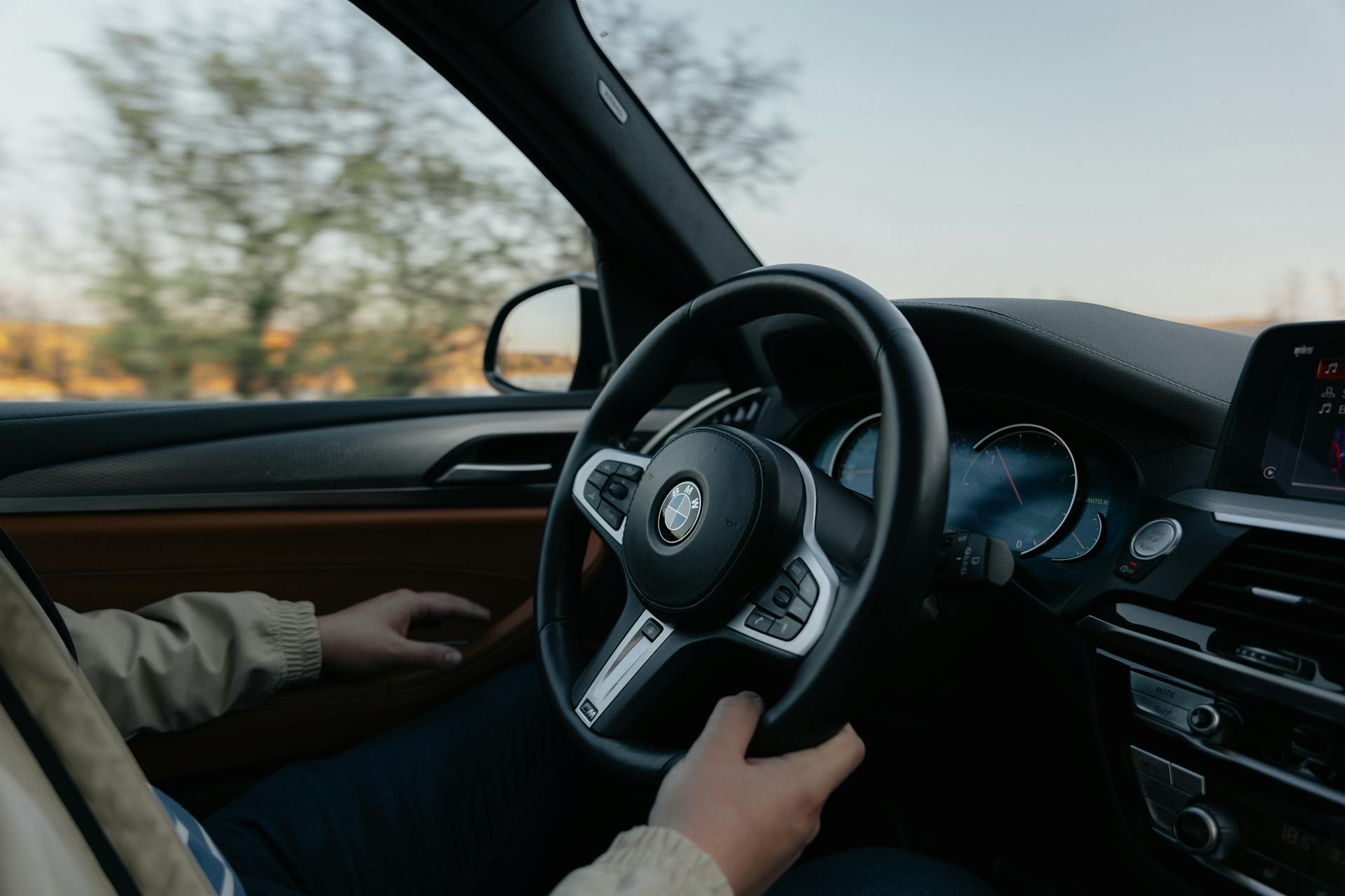 Point of view inside a BMW car showcasing the interior and steering wheel.