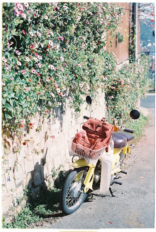 A motorcycle parked in front of a wall with flowers