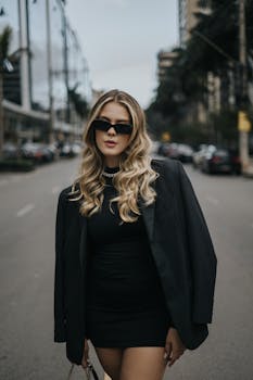 Stylish fashion model in a city street wearing sunglasses and black outfit.