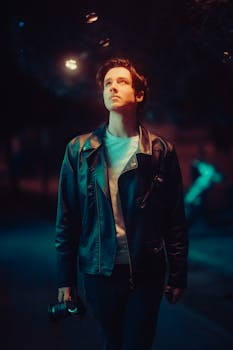 Portrait of a man in a black leather jacket walking through city streets at nighttime, looking upwards.