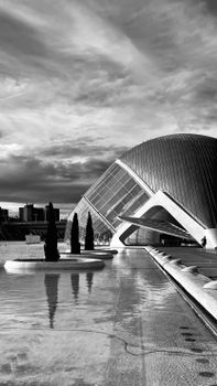 Striking black and white photo of modern architecture at the City of Arts and Sciences, Valencia.