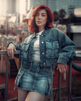 Stylish woman with red hair in a denim jacket and skirt, posing in an urban setting.