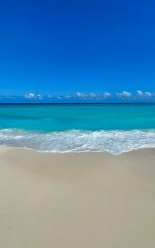 Tranquil beach scene in Cancún with turquoise waters and clear blue sky.