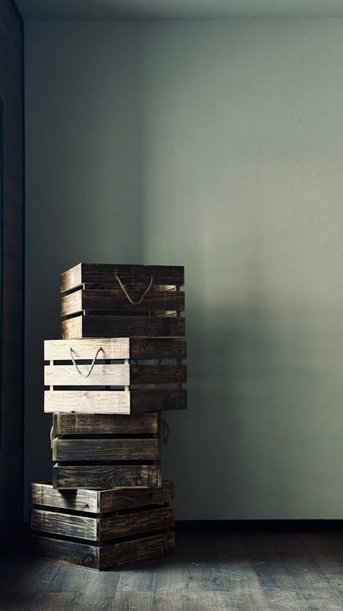 A stack of wooden crates in a room