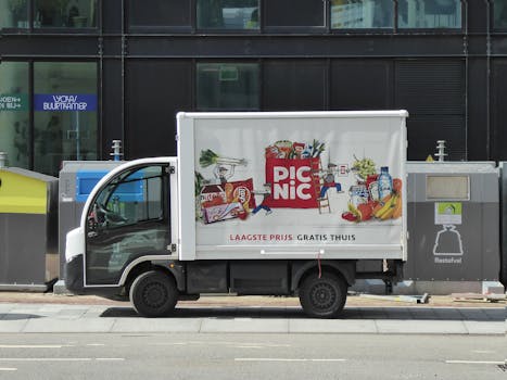 Picnic grocery delivery truck parked on urban street in Amsterdam, Netherlands.
