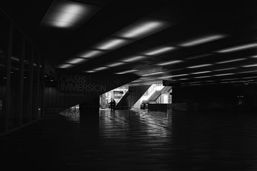 A black and white photo of a hallway