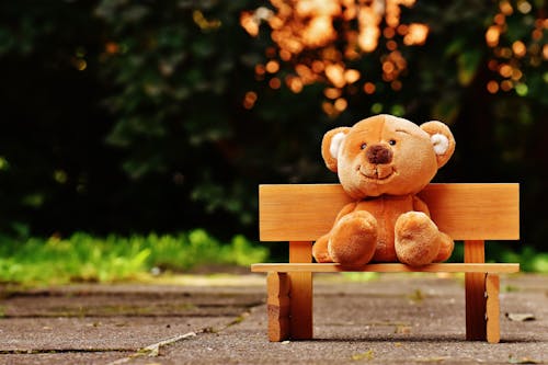 外面的棕色木凳上的棕色泰迪熊