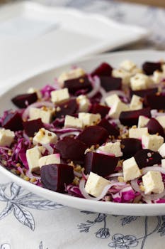 Delicious and nutritious salad with beetroot, feta cheese, and purple cabbage.