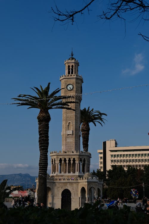 A clock tower in the middle of a city