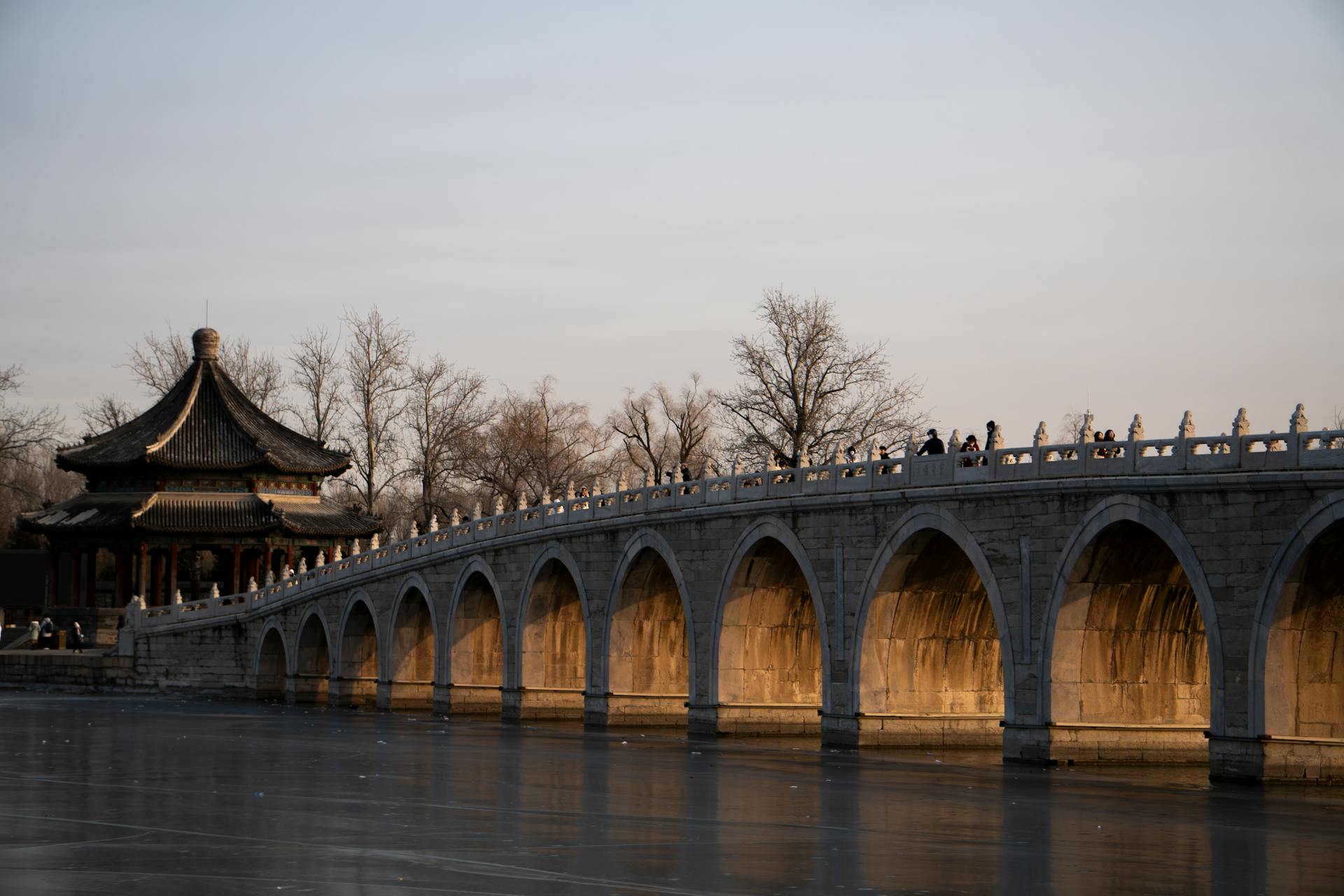 Chinese Pavilion and Seventeen-Arch Bridge in the Gardens of the Beijing Summer Palace