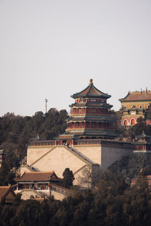 Free View of the iconic pagoda structure at the Summer Palace, a UNESCO World Heritage site in Beijing, China. Stock Photo
