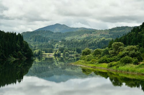 Free A lake surrounded by trees and mountains Stock Photo