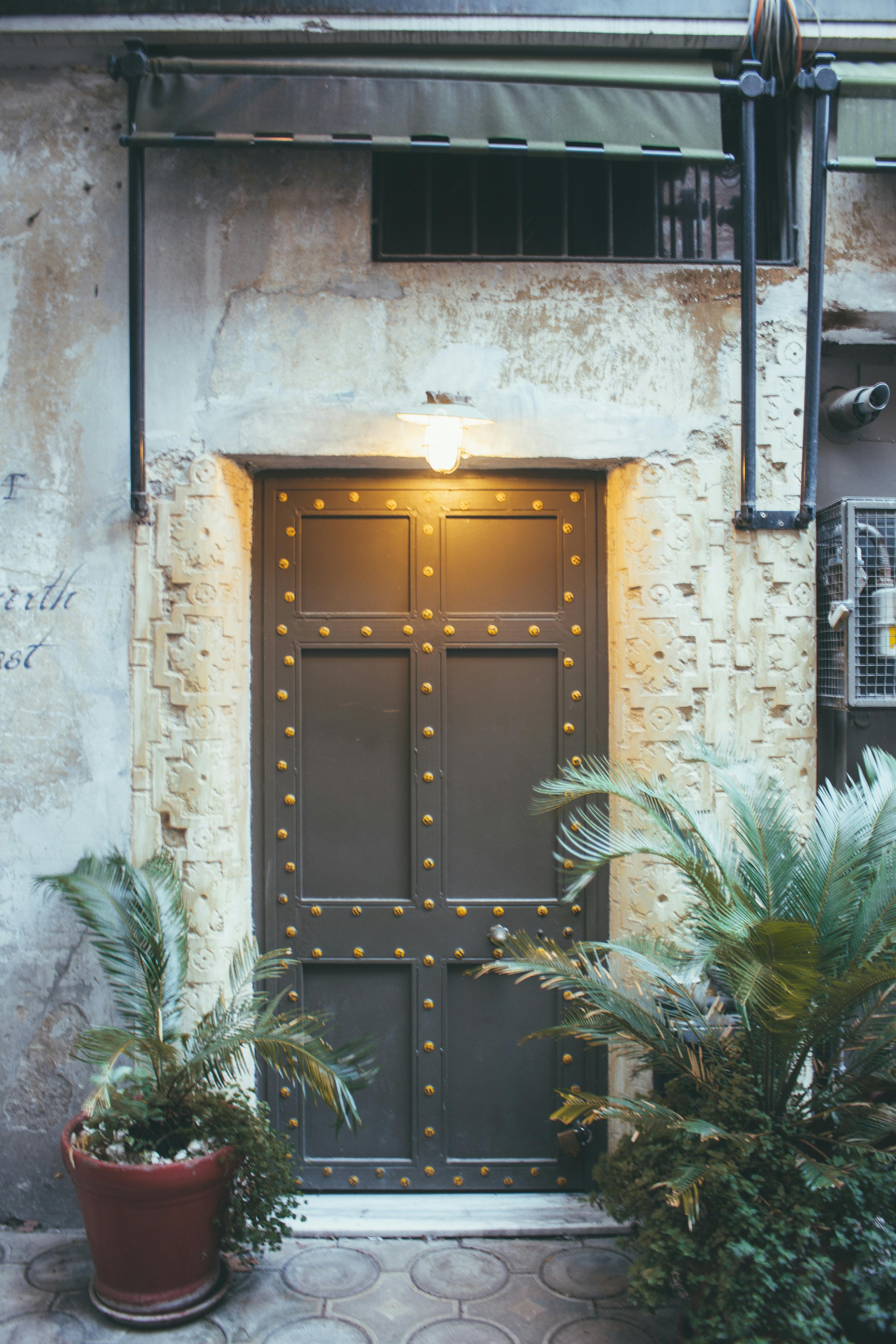 一扇装饰着金属钉的复古门，坐落在乡村风格的外部场景中，四周环绕着郁郁葱葱的绿植