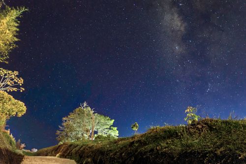 Free A beautiful starry night sky over a rural countryside landscape, showcasing the Milky Way and nature. Stock Photo