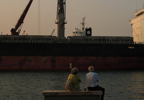 Elderly couple sitting by the water watching a cargo ship in Veracruz, Mexico during sunset.