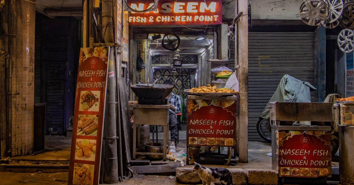 Seekh kebabs sizzling on a charcoal grill with smoke rising at a Delhi street food stall
