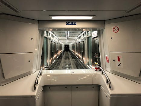 Interior view of an empty airport shuttle car at Dulles Airport, Washington.