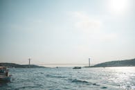 伊斯坦布尔的水面平静，船只与博斯普鲁斯海峡大桥构成一幅宁静的景象