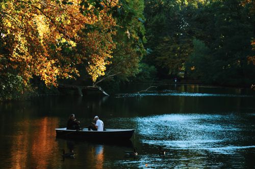 Free Serene scene of two adults rowing on a lake surrounded by autumn foliage. Stock Photo