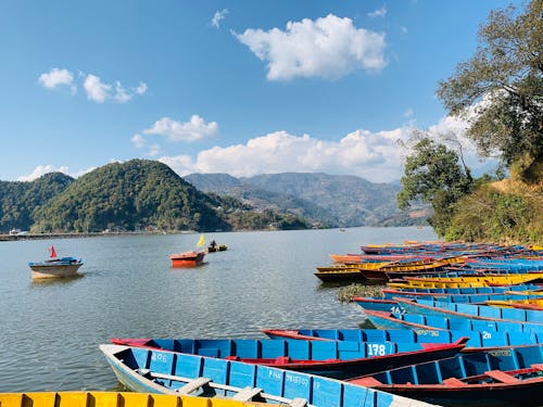 Many colorful boats are parked on the shore of a lake