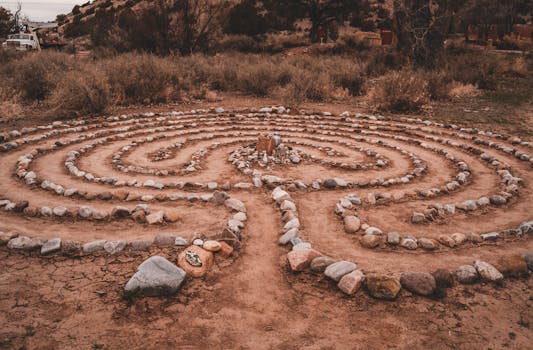 Explore the intricate rock labyrinth in the arid landscape of Ojo Caliente, New Mexico.