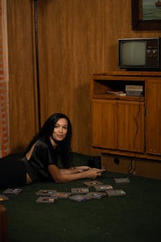 A woman lying on the floor playing vintage video games in a retro-themed living room with an old television.