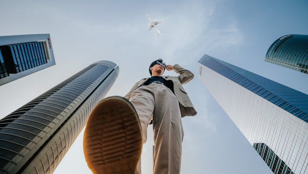 Low-angle shot of a man in a suit framed by skyscrapers and a passing airplane.