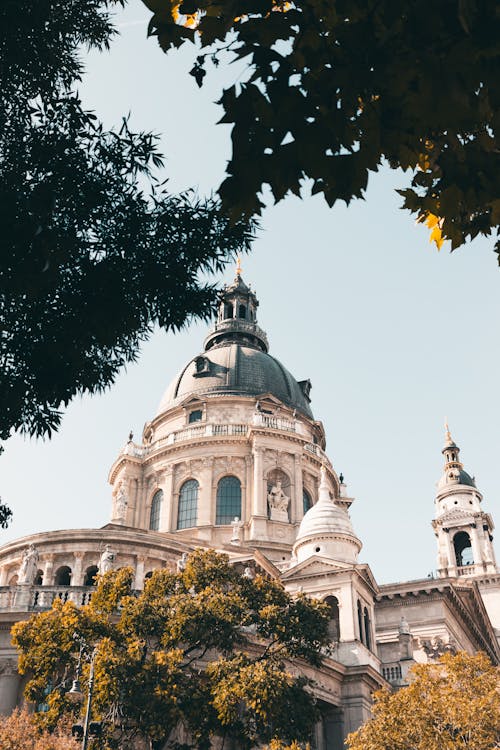 A building with a dome and trees in the background