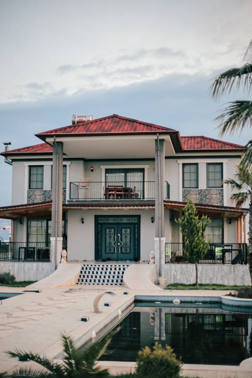 A large house with a pool and palm trees