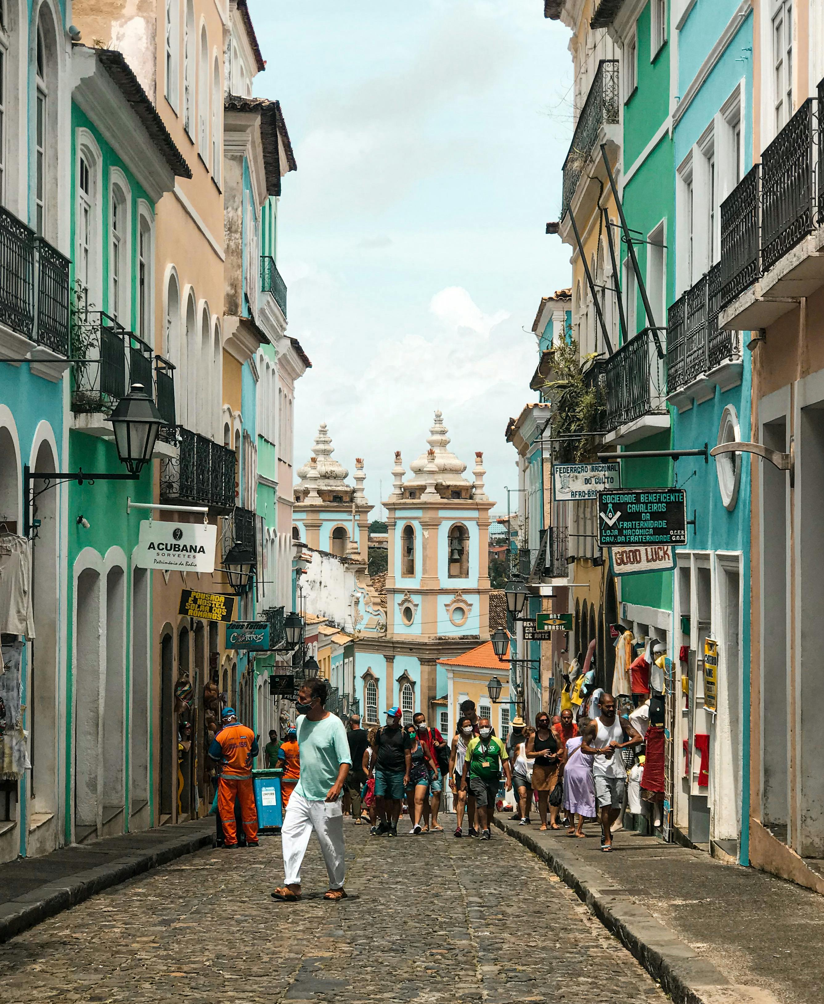 Colorful colonial facades and cobblestone streets in the Pelourinho historic district of Salvador, Bahia, Brazil.