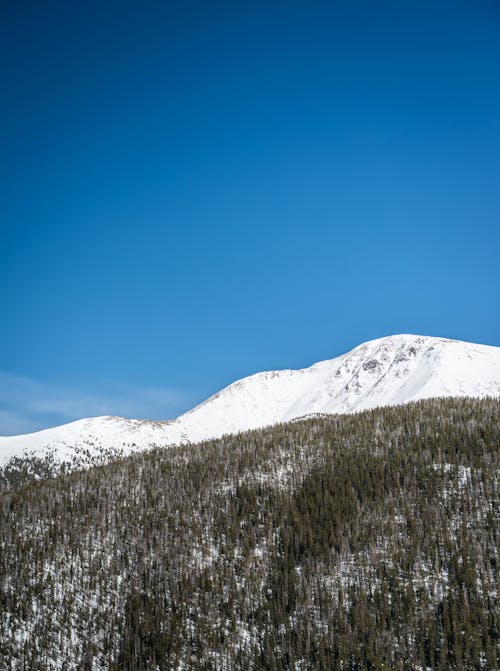 A snow covered mountain with a blue sky in the background