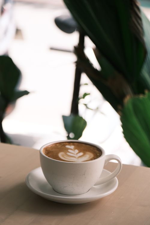 Free A serene coffee scene with leaf art latte in a sunlit cozy cafe setting. Stock Photo