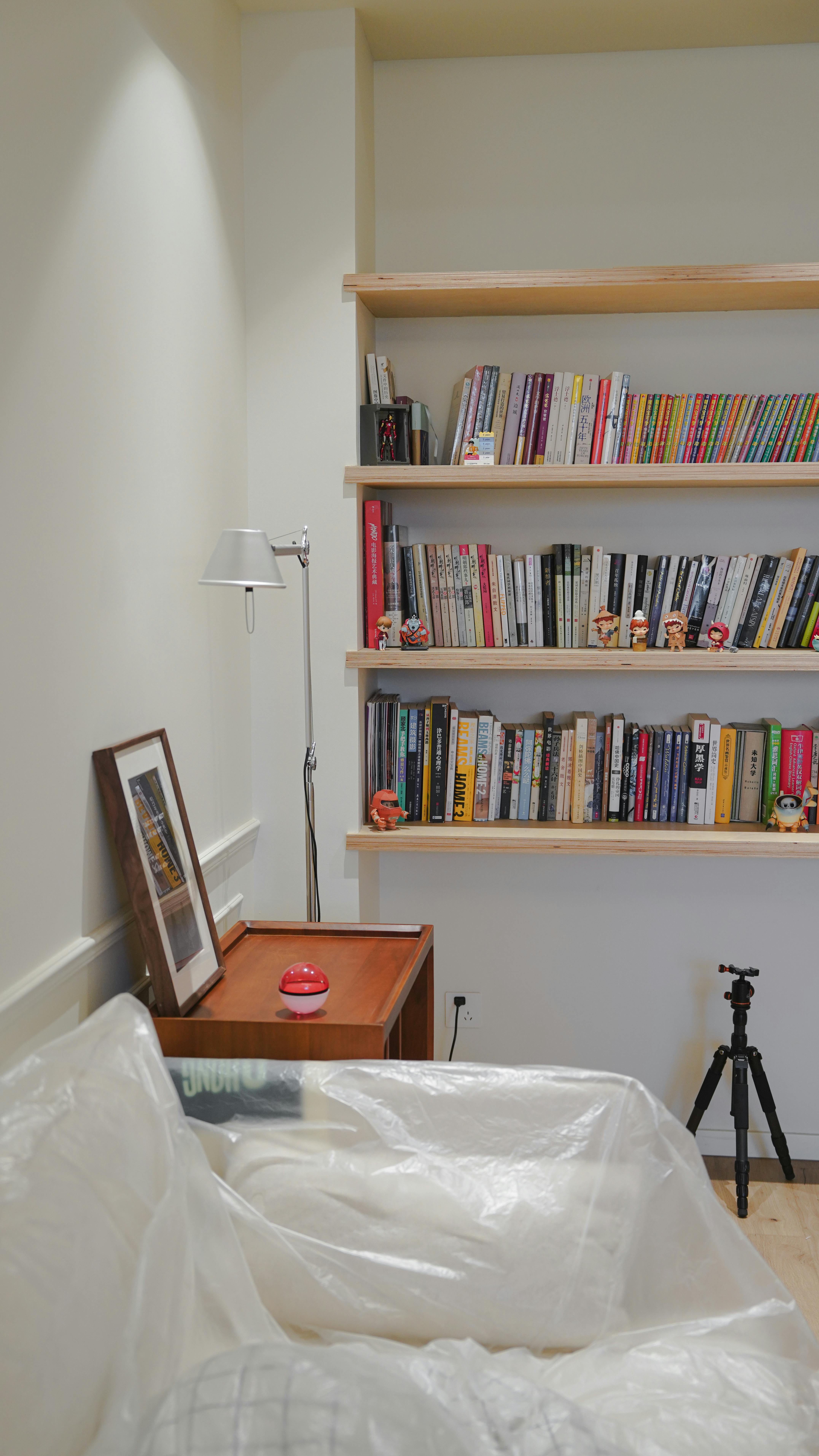 Free A tranquil reading space featuring wooden shelves filled with books, perfect for relaxation. Stock Photo